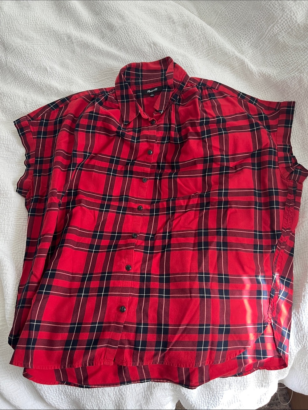 Madewell Red and Black Plaid Short-Sleeve Button Front Blouse
